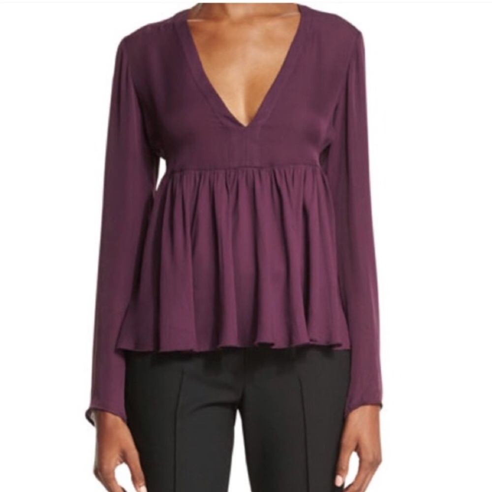 ELIZABETH & JAMES Araceli Long-Sleeve 100% Silk Peplum Top, Plum